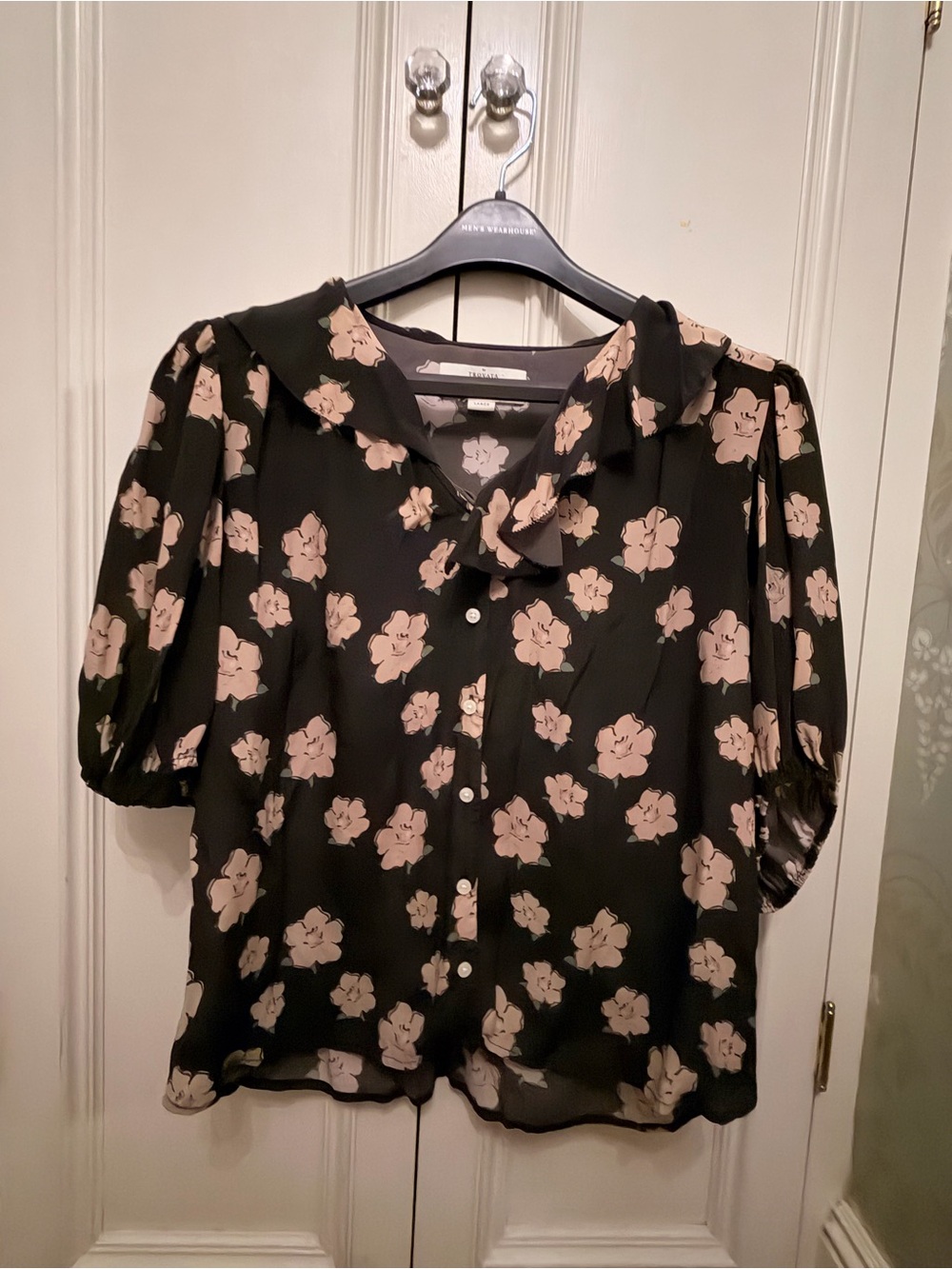 Trovata Black Silk-blend Blouse with Cream Floral Print and Puff Sleeves